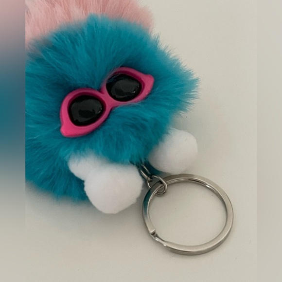 Blue & Pink Sunglasses Character Fluffy Pom Pom Keychain Accessory - Picture 12 of 14